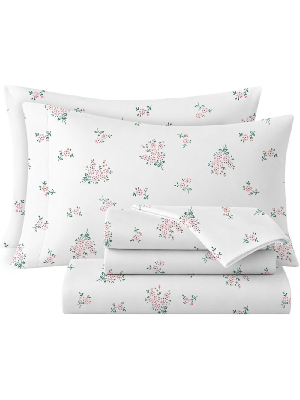 Floral Print Queen Sheets Set, 100% Cotton Percale, Deep Pocket 16" - Pink Ditsy